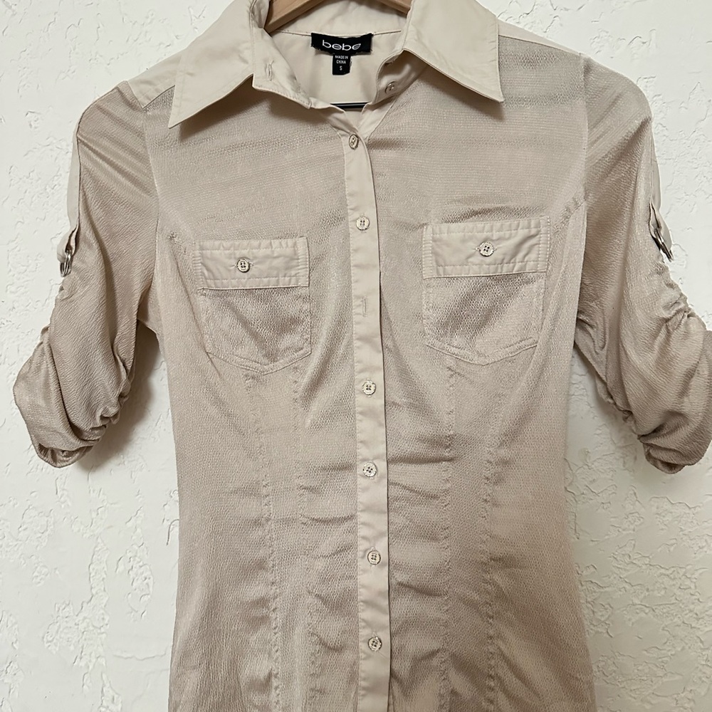 Bebe Light Tan Button-Up Blouse